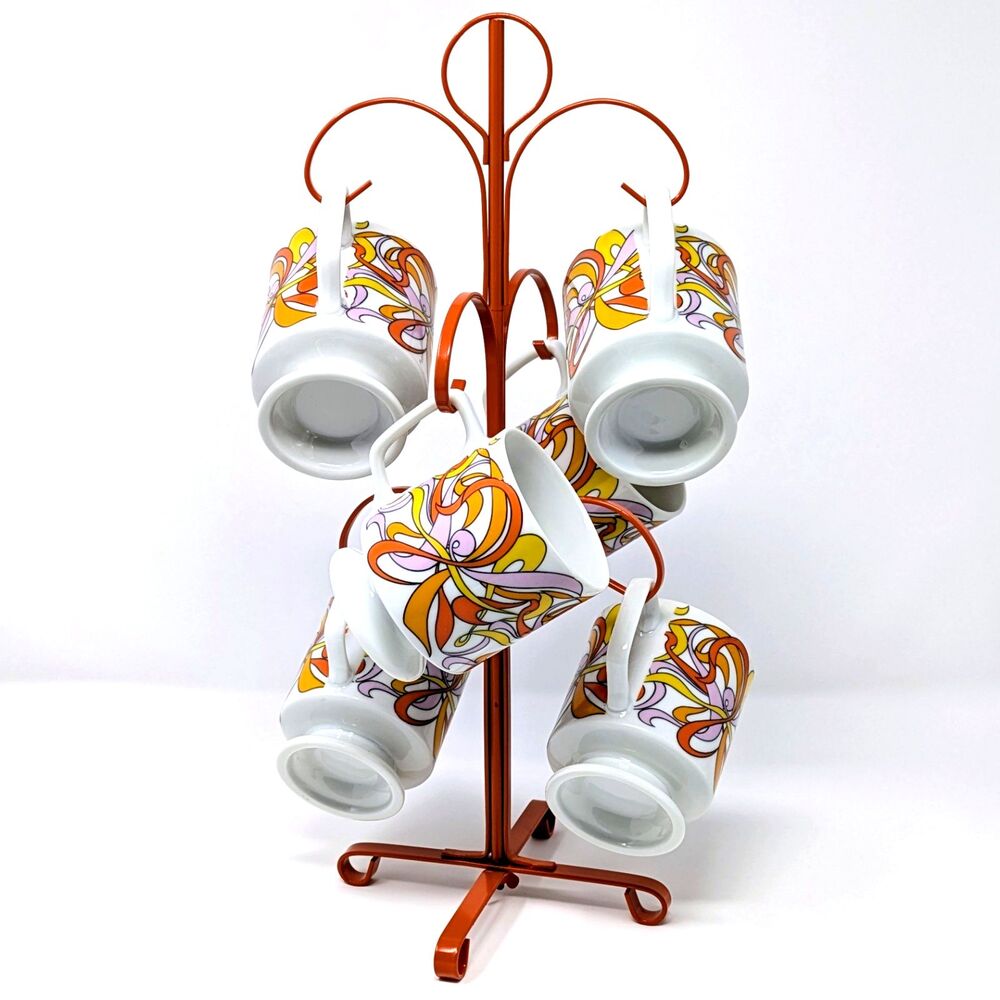 Vtg Orange Psychedelic Swirl Pedestal Coffee Mug Cup Lot w/ Tree Stand 1970s